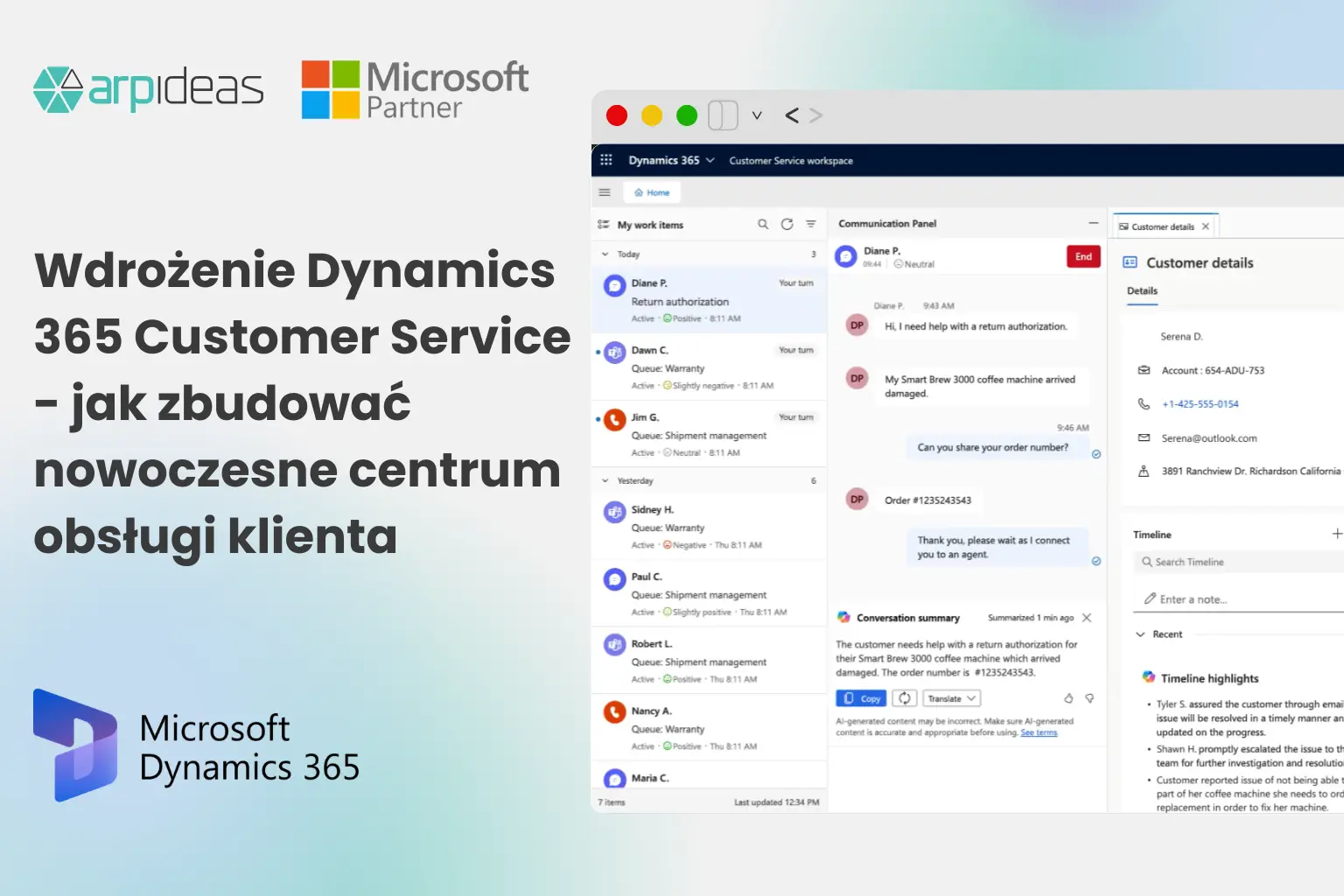 Schemat wdrożenia Dynamics 365 Customer Service - centrum obsługi klienta z omnichannel i Copilot AI