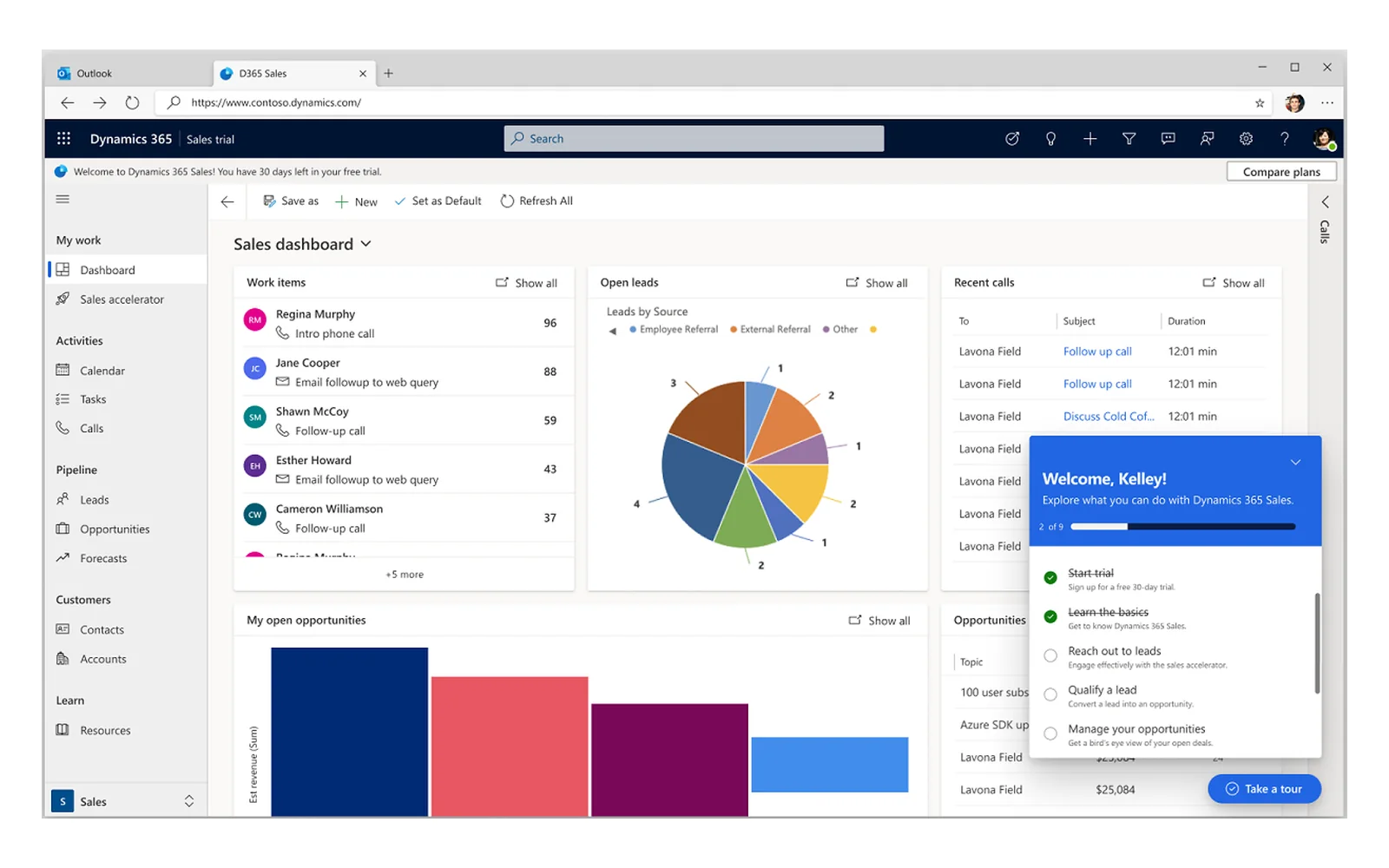 Pulpit Dynamics 365 Sales z listą zadań, leadami i widokiem szans sprzedaży