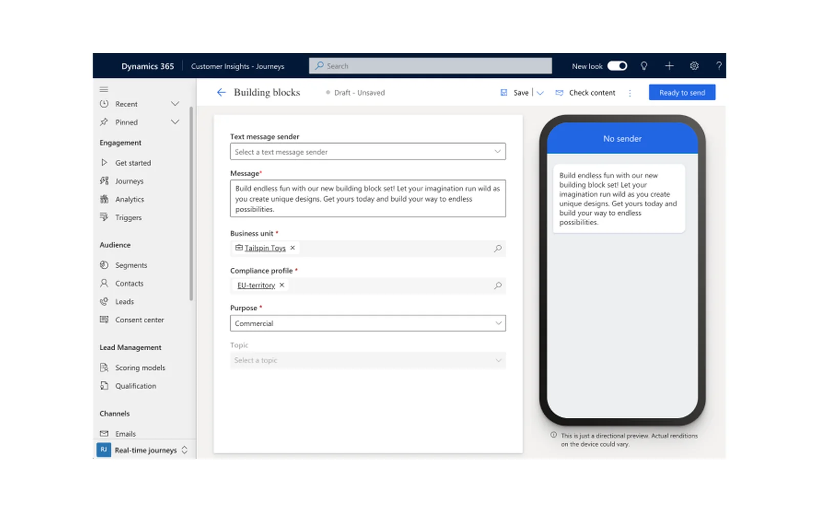 Edytor wiadomości SMS w Dynamics 365 Customer Insights Journeys z podglądem na telefonie