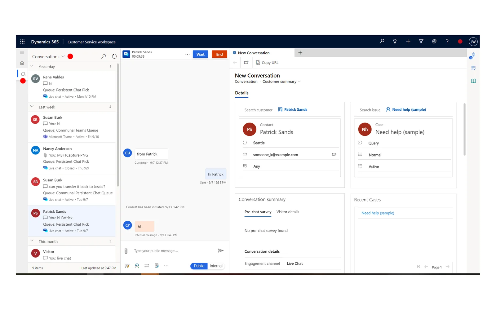 Customer Service workspace w Dynamics 365 z kolejkami rozmów z czatu, Teams i historii kontaktu